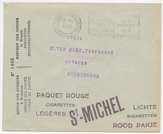 Postal cheque cover Belgium 1936 Cigarette - St. Michel - Roofing contractor