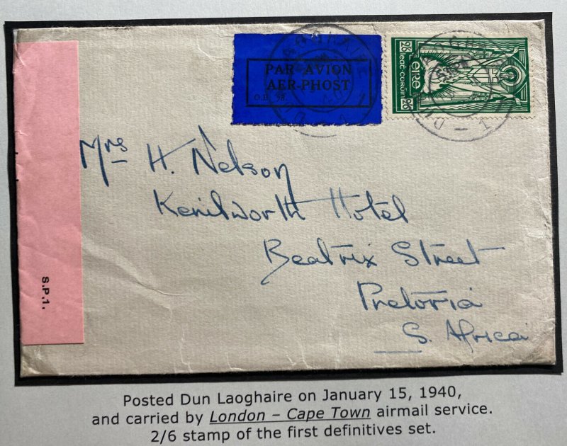 1939 Dun Laogha Ireland Censored War Time Airmail Cover to Pretoria South Africa