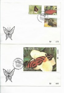 HONDURAS 1992 BUTTERFLIES INSECTS SET OF 3 +  SS ON 2 FDC SCOTT 370/73