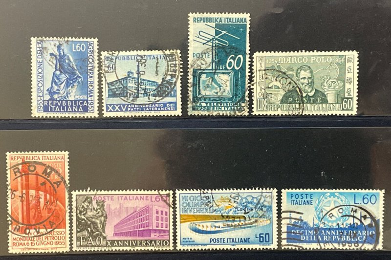 Italy - 8 Different High Value Used Commemorative Stamps from 1950s SCV $25+