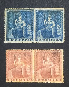 MOMEN: BARBADOS SG # 1d,4d 1861-70 PAIRS NO WMK MINT OG 3H/1NH(4d) LOT #60663