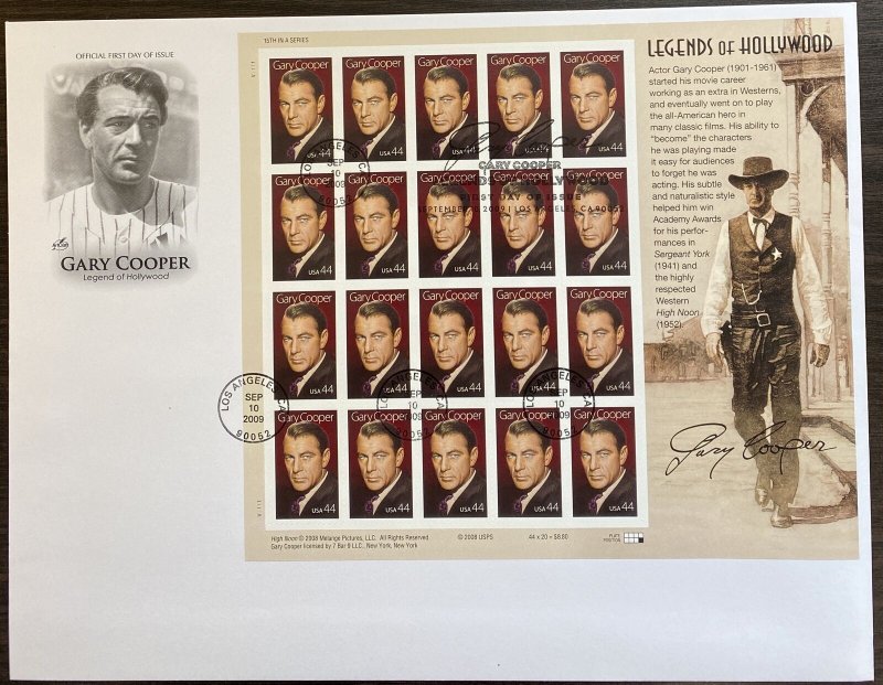 #4421 Full sheet Gary Cooper Legends of Hollywood Artcraft cachet First Day cove