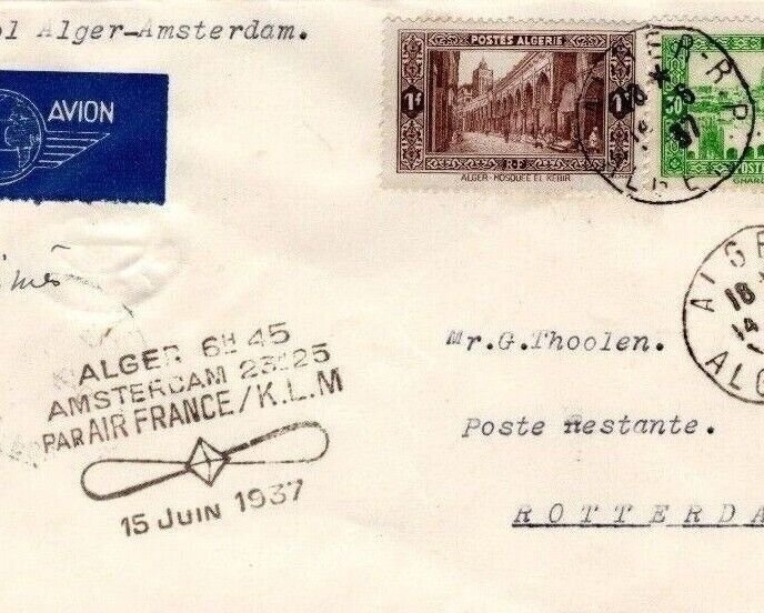 ALGERIA/NETHERLANDS Air Mail FIRST FLIGHT KLM/AIR FRANCE Cover Alger 1937 DL291