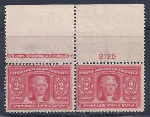 Scott#324 Mint pair NH OG F-VF with imprint and plate #