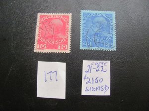 AUSTRIA-OFFICES IN CRETE USED SIGNED KRUGER 1914 SC 21-22 XF $2150 (177)