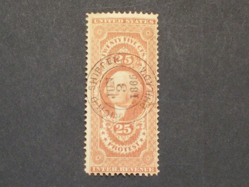 US Revenue Stamp Cat# R49c   25c Protest  -  1865 Machine Cancel  Free Shipping