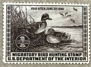 RW6 Federal Duck Stamp VF LH $1.00, Teal Ducks, Issued in 1939