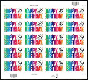 MALACK 4079 VF/XF NH, 39c Happy Birthday Sheet, vivi..MORE.. sheet4079