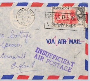 BARBADOS Cover (Air Mail) Superb *INSUFFICIENT AIR POSTAGE* 1964 Polperro ZV131