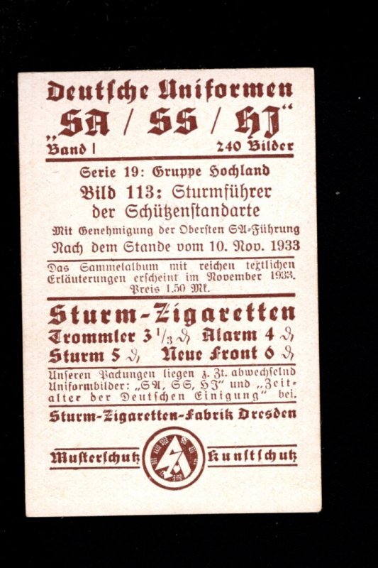 Germany Third Reich Specialty Sturm Cigarette Card Sturmfuhrer Bild 113 1933 H6