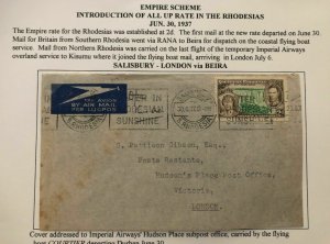 1937 Salisbury S Rhodesia All Up Rate Airmail Cover To London England