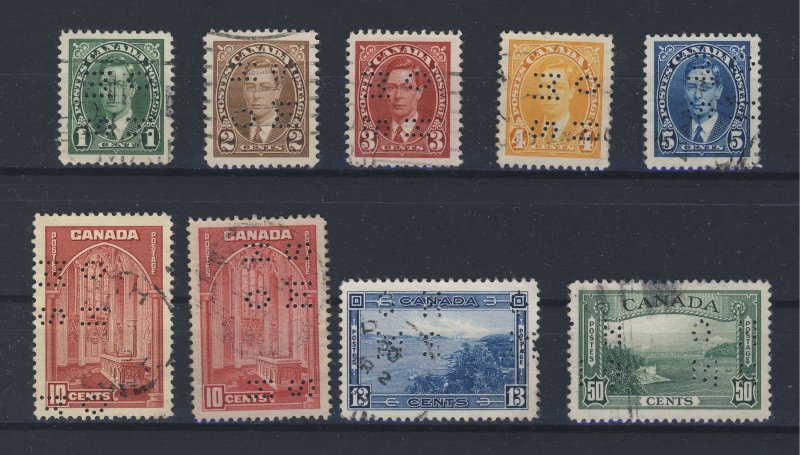 9x Canada Perf-in OHMS Used stamps;  George VI 1cto5c 10c-13c-50c GV = $35.50