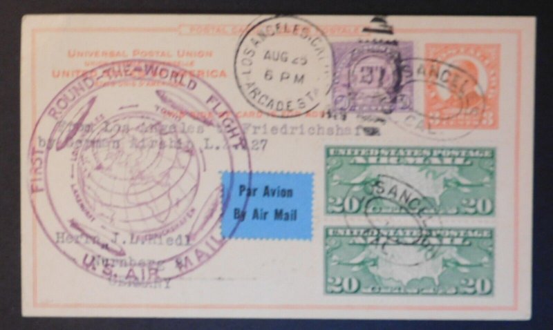 1929 Los Angeles USA Graf Zeppelin LZ 127 Around World Postcard cover to Germany