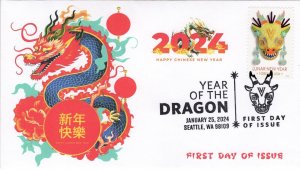 24-020, 2024, Year of the Dragon, First Day Cover, Pictorial  Postmark, Seattle