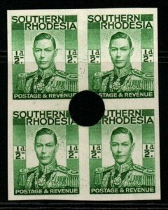 SOUTHERN RHODESIA SG40var 1937 ½d GREEN IMPERF BLK OF 4 WITH SECURITY PUNCH MNH