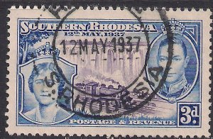 Southern Rhodesia 1937 KGV1 3d Coronation Rare FDI Pmk used SG 38 ( C849 )