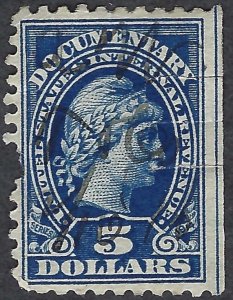 United States #R220 $5.00 Liberty (1914). Blue. Fine centering. Used.