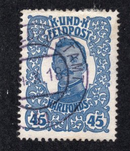 Austria 1918 45h blue Military Semi-Postal, Scott MB3 CTO, value = 80c