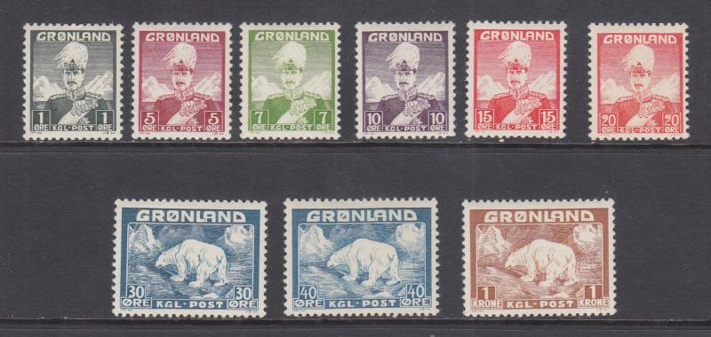 Greenland Sc 1-9 MLH. 1938-1946 King Christian X & Polar Bear defins cplt, F-VF