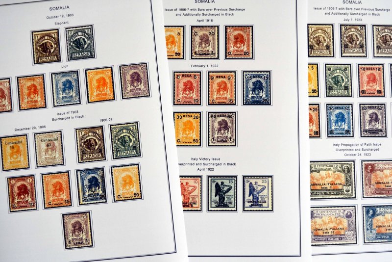 COLOR PRINTED ITALIAN SOMALIA 1903-1960 STAMP ALBUM PAGES (45 illustrated pages)