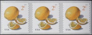 U.S.#5256 Coil Strip of 3 w/Centered Count# on back Meyer Lemons 2c , MNH.