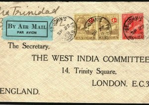 ANTIGUA KGV Cover Superb Early Commercial Air Mail 9d Rate GB London 1929 Y123