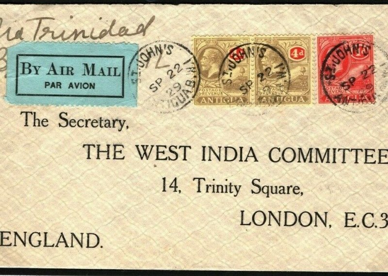 ANTIGUA KGV Cover Superb Early Commercial Air Mail 9d Rate GB London 1929 Y123