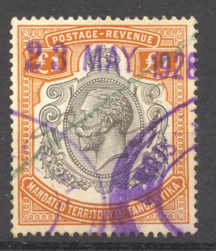 Tanganyika 1927 KG V, the 1 Pound Vf used, Scott # 44