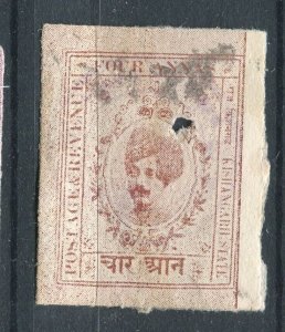 INDIA; 1913-18 early KISHANGARH local Imperf issue fine used shade of 4a. value