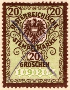 1925 Austria Hungary Revenue 20 Groschen Coat of Arms General Tax Duty Used