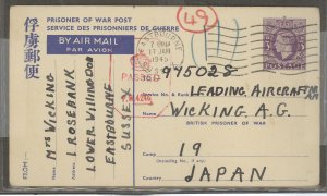 Great Britain  1945 P.O.W. Postal Card 3c violet to Japan, nice message, no creases