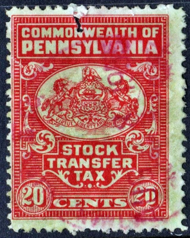20¢ Pennsylvania Stock Transfer Tax Stamp: Used/Fault