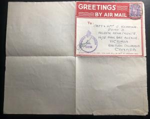 1943 Middle East Forces In Egypt Censored Air letter Cover To Victoria Canada