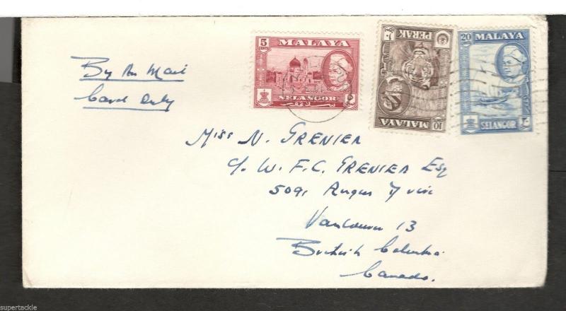 1958 cover Kuala Lumpur, Malaya - Vancouver BC Perak #132 Selangor #105 & 108