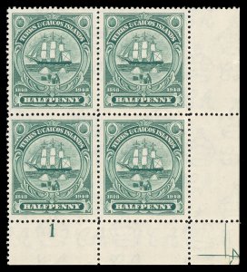 Turks & Caicos 1948 KGVI ½d blue-green Plate 1 block superb MNH. SG 210.