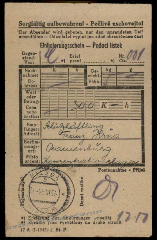 Germany 1944 Concentration Camp KL Sachsenhausen Oranienburg Parcel Receip 74777