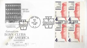 1960 FDC, #1163, 4c Boys' Clubs of America, Art Craft, plate block of 4