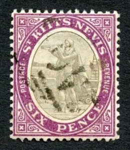 St Kitts-Nevis SG6 6d Grey-black and Bright purple Wmk Crown CA Cat 48 pounds