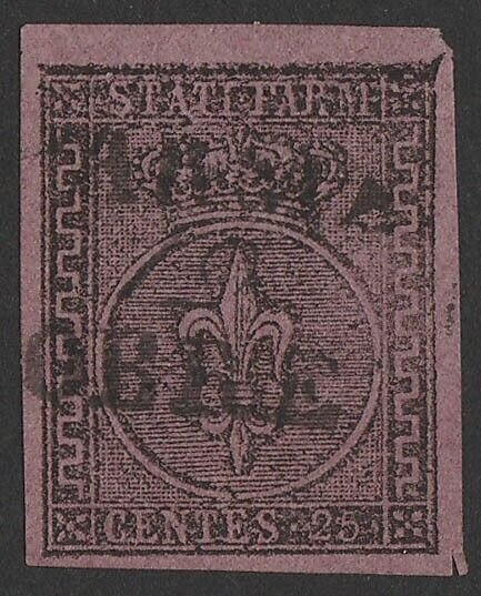 ITALY - Parma 1852 Arms 25c black on purple. Sass 4 cat €500.