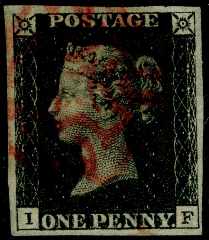 SG2, 1d black PLATE 5, FINE USED Cat £400. RED MX. 4 MARGINS. IF