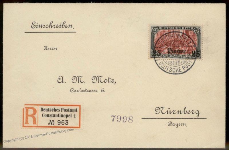 German Turkey 25 Piaster on 5 Mark EF Registered Cover Cert 92115