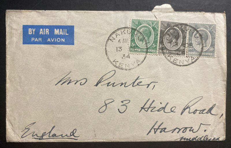 1934 Nakuru Kenya British KUT Airmail Cover To Harrow England