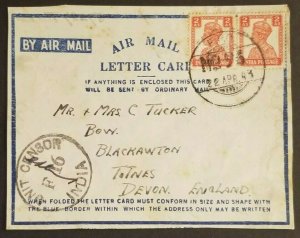 1943 Ranchi India to Devon England WWII Air Mail Letter Card Censorship Cover