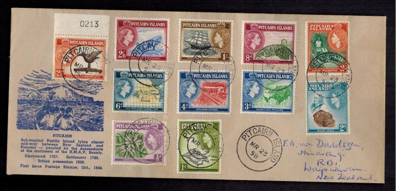 1958 Pitcairn Islands Cover to New Zealand Comp Set # 20-30