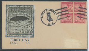 US 716 1932 2c Winter Olympics - Lake Placid, NY, block of 4 on unaddressed FDC with a Roessler Cachet