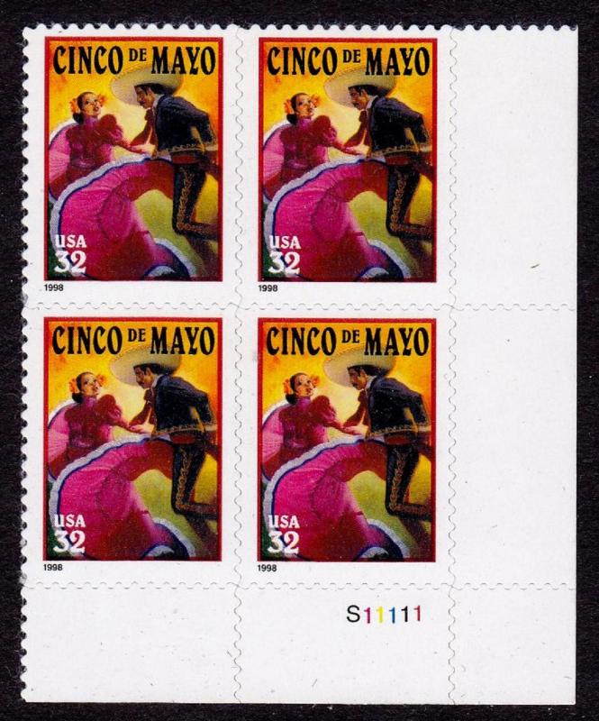 3203 Plate Block 32 cent Cinco de Mayo LR MNH SA 