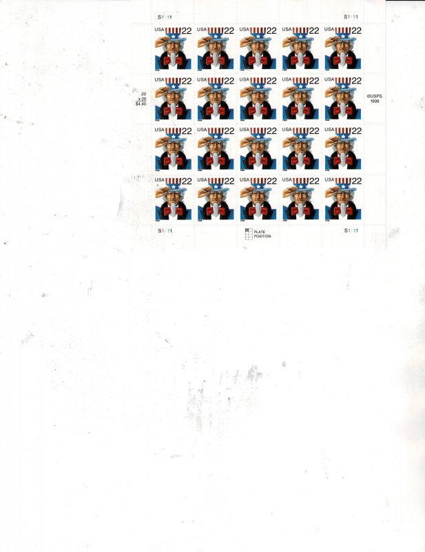 Uncle Sam 22c US Postage Sheet 3259 VF MNH