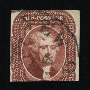 VERY AFFORDABLE GENUINE SCOTT #12 USED 1865 TYPE-I RED BROWN TOWN CANCEL #20306
