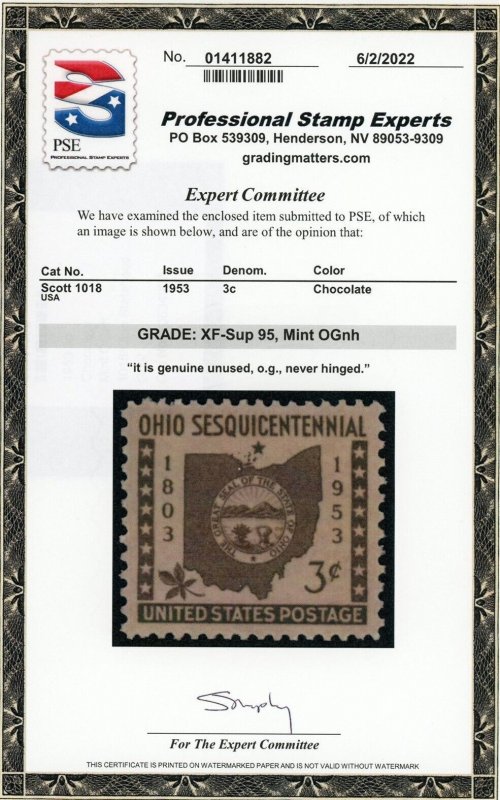 US Stamp #1018 Ohio Sesquicentl 3c - PSE Cert - XF-SUP 95 - MOGNH - SMQ $25.00