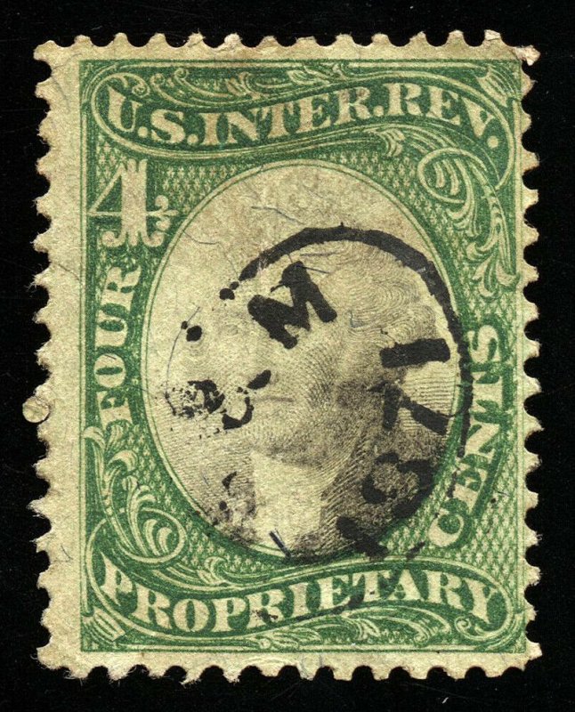 B222 U.S. Revenue Scott #RB4a 4-cent proprietary, 1871 handstamp cxl